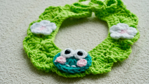 Handmade Crochet Frog & Flower Pet Collar ✨