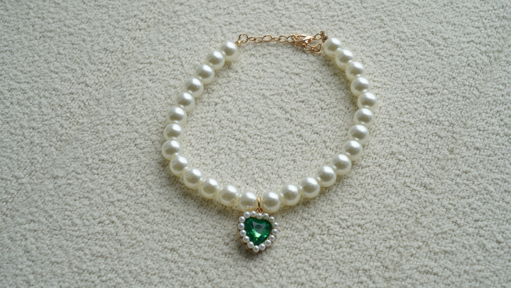 Pearl & Emerald Heart Charm Pet Necklace 💚