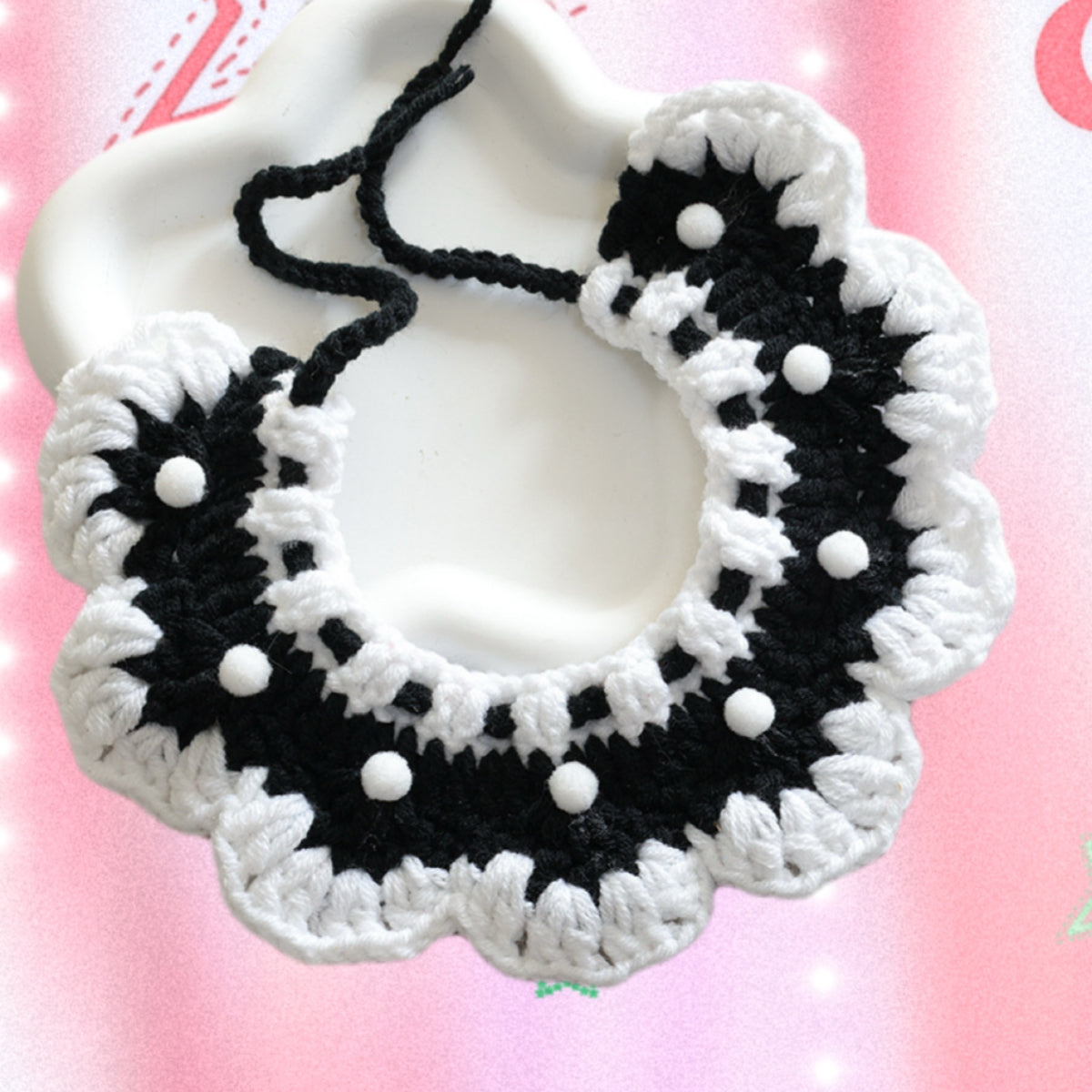 Vintage Style Black &amp; White Polka Dot Crochet Collar
